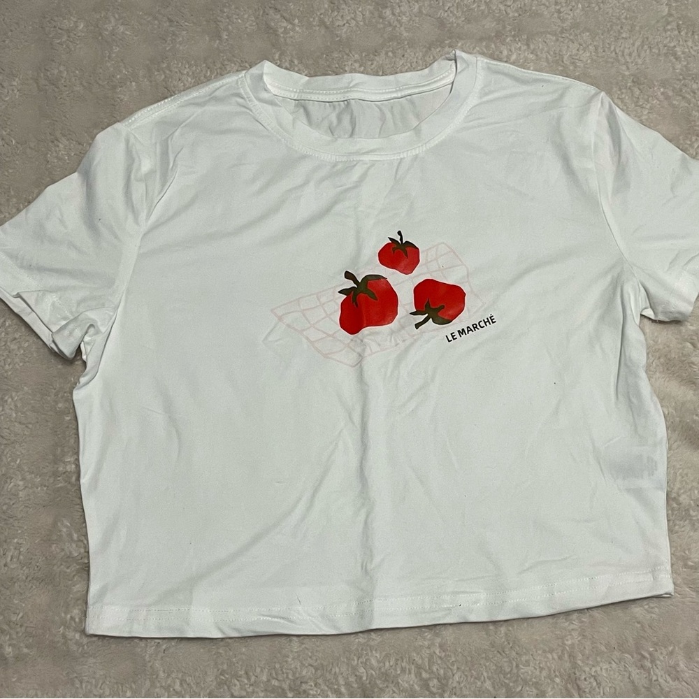 SHEIN White Crop Top with Red Tomato Design